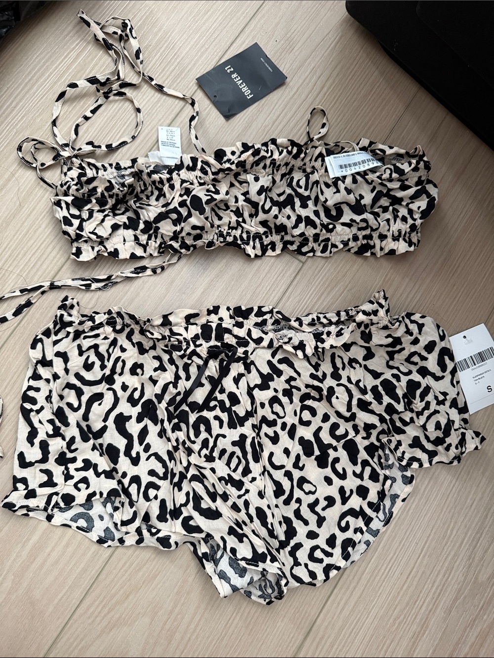 Forever 21 Beige and Black Leopard Print Satin Sleep Set